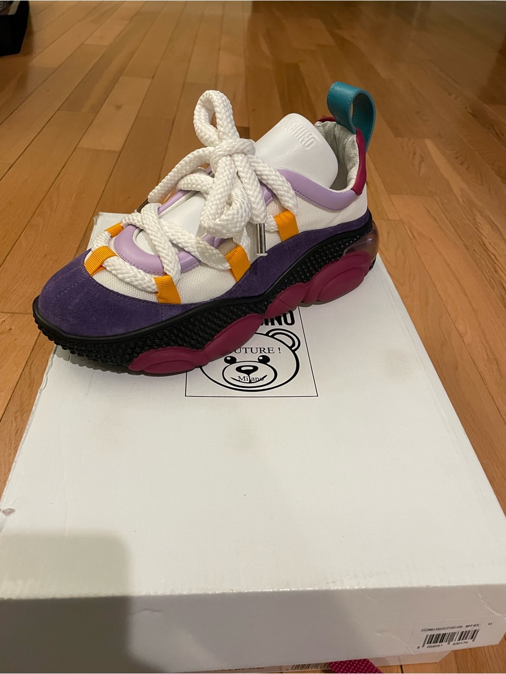 Moschino White, Purple & Pink Chunky Lace-Up Sneakers
